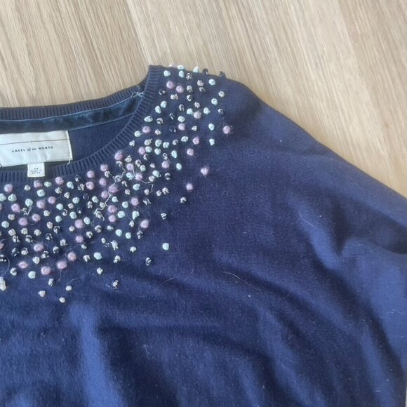 ** ANGEL OF THE NORTH ANTHROPOLOGIE Navy POM POM CASHMERE BLEND SWEATER XS - Picture 5 of 8